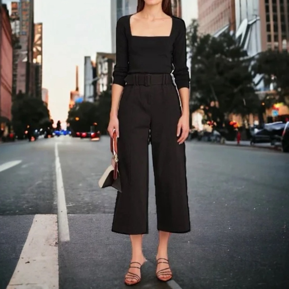 INTERMIX FRANNY BLACK CROPPED WIDE LEG BELTED TWILL PANTS DIZE 6